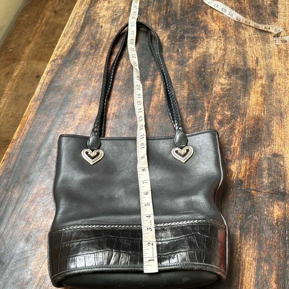 Brighton Black Leather Tote Bag Croc Embossed Trim Braided Straps Heart Hardware - Picture 14 of 16